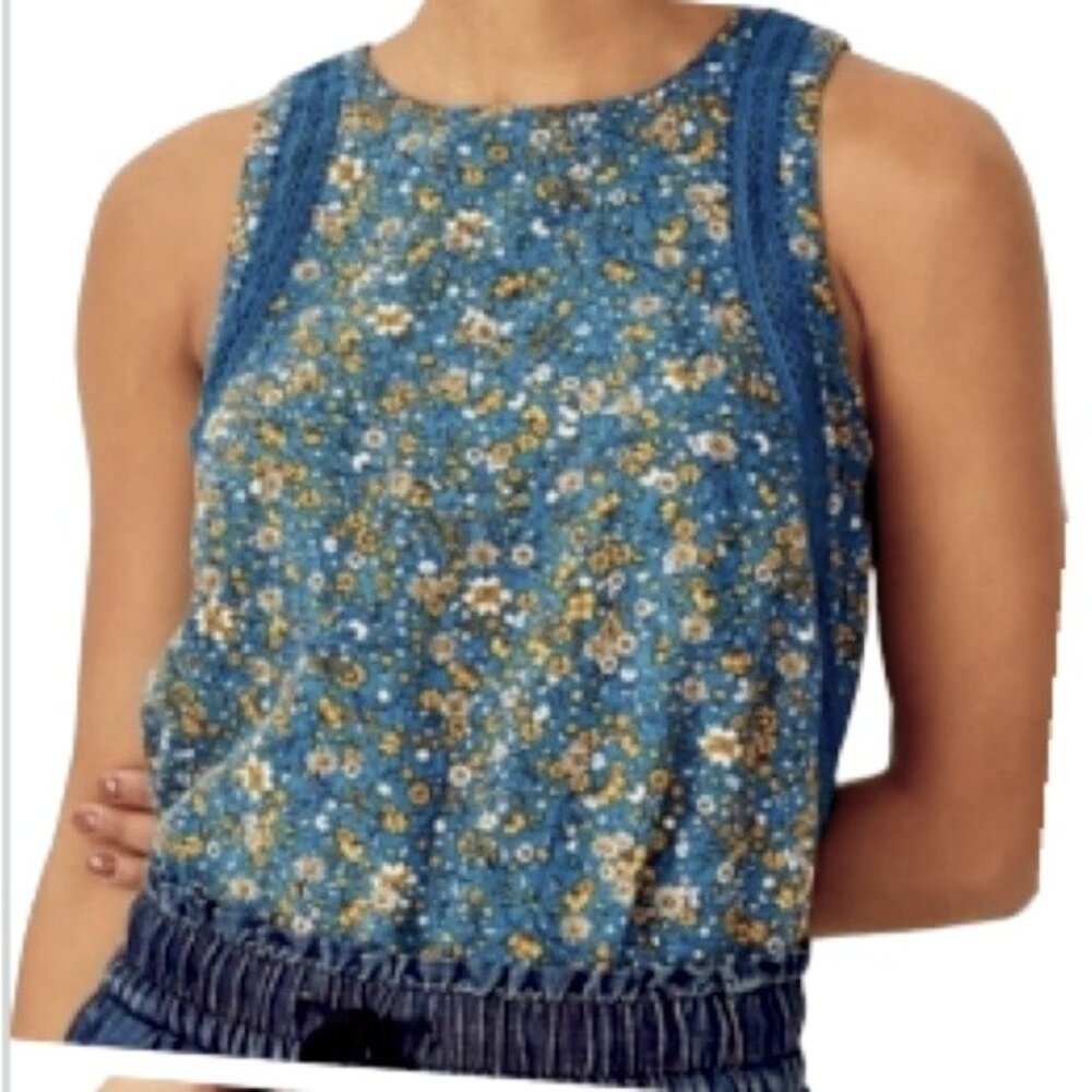 ANN TAYLOR Linen Blend Sleeveless Tank Top Blue Yellow Floral WomenS Medium